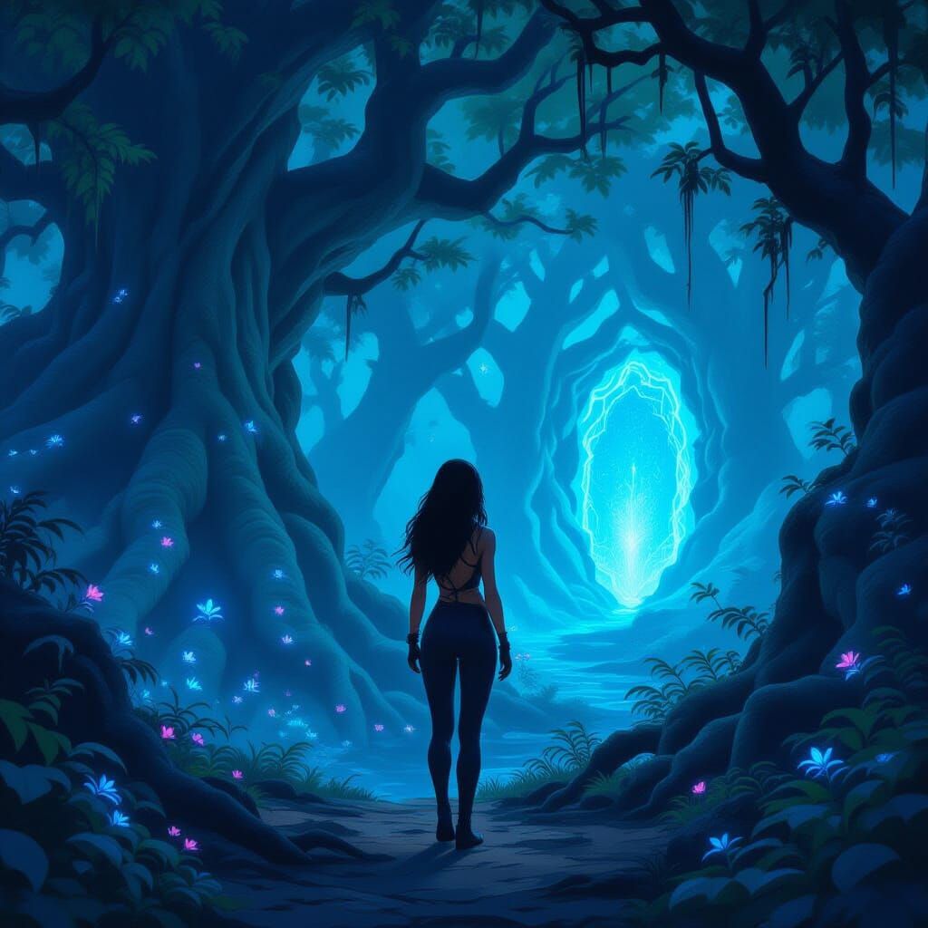 Adventurer at Ancient Forest Portal, Dark Fantasy Style