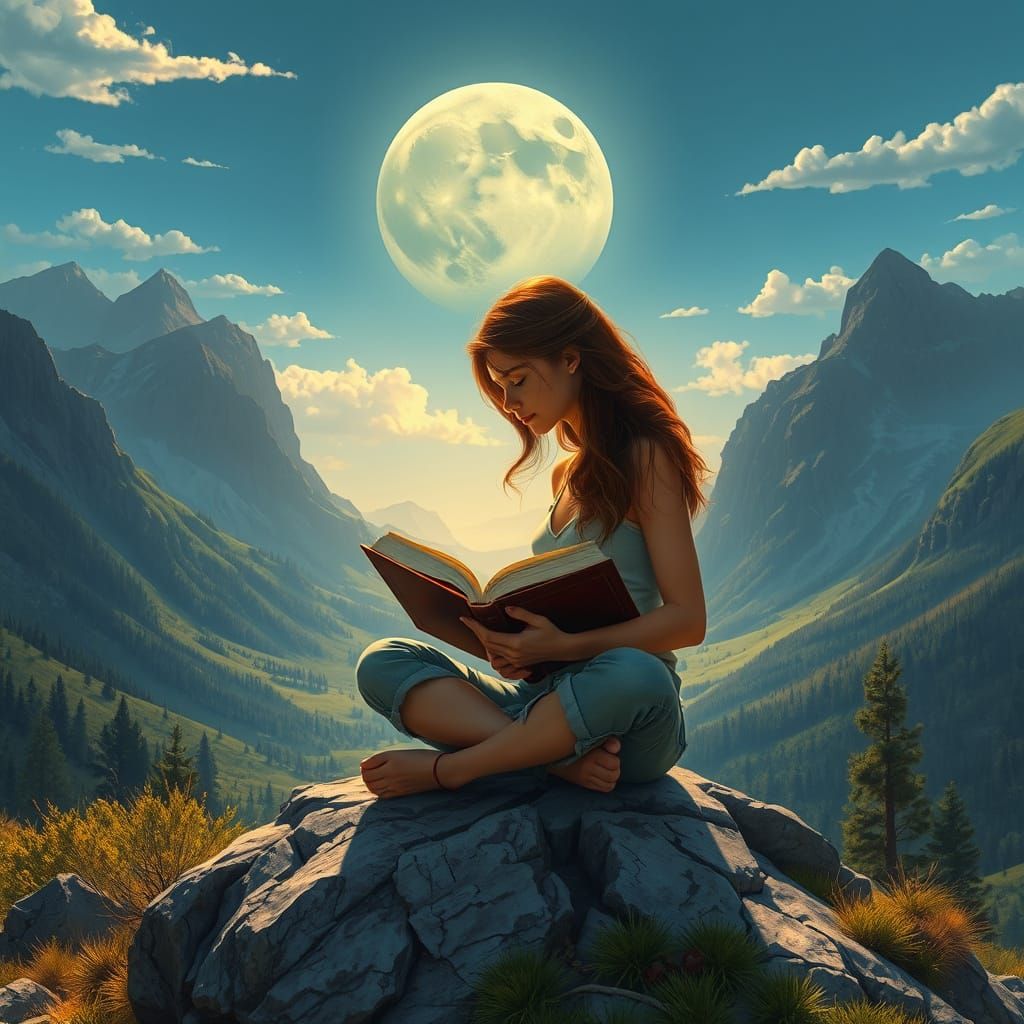 Woman Reading in a Serene Blue Moon Valley