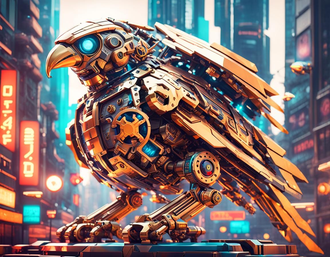 Brass Mech Falcon in Retro-Futuristic City