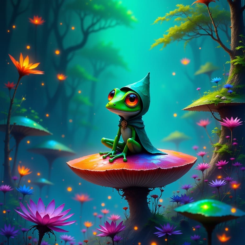 Frog on Mushroom in Ethereal Forest, Futuristic Style