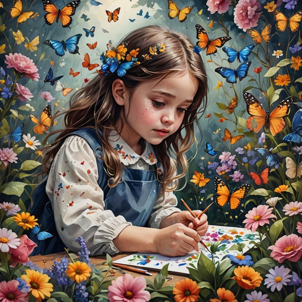 Girl's Watercolour Painting: Flowers and Butterflies