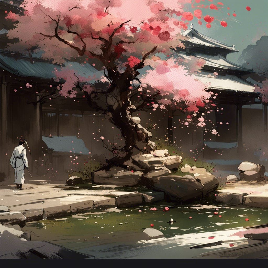 Cherry Blossom Zen Garden with Bold Brushstrokes