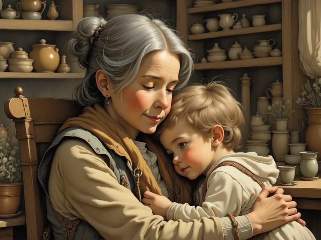 Grandmother Comforts Grandchild in Whimsical Style