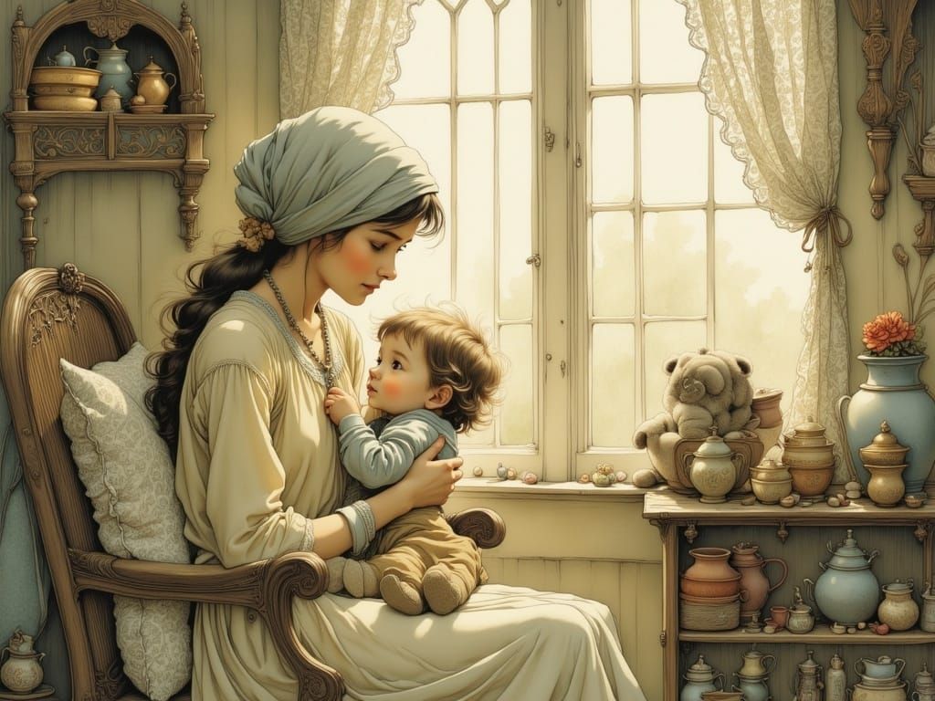 Whimsical Grandmother and Toddler in Soft-Lit Nursery