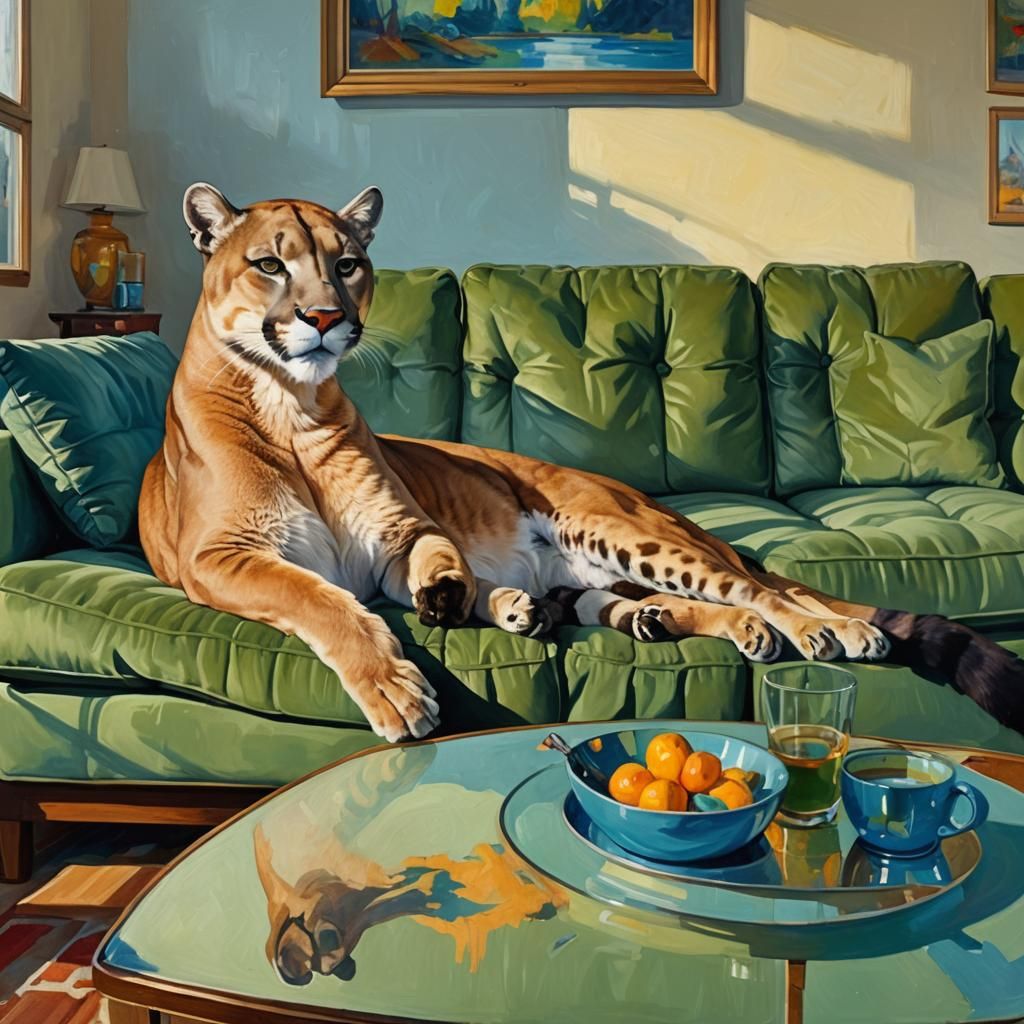 Cougar Relaxing on Couch as Oil Painting
