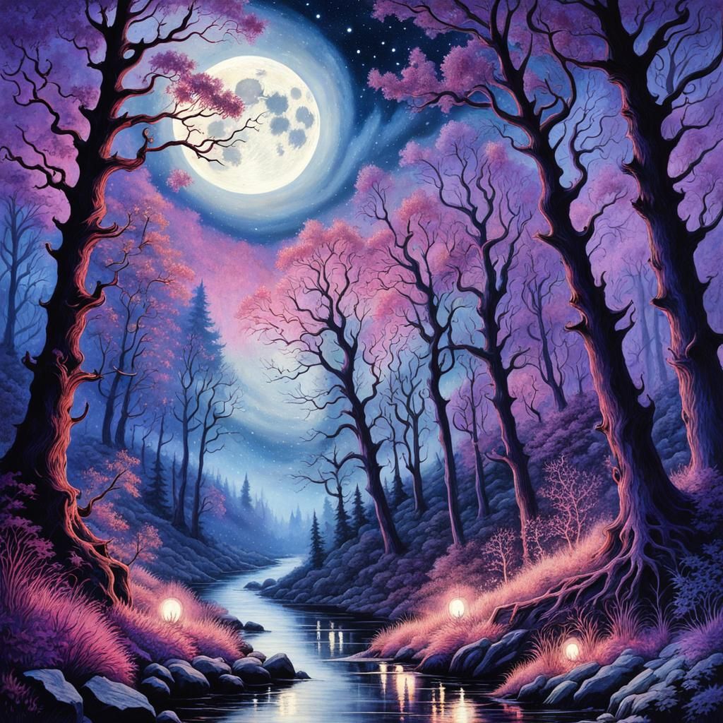 Watercolor Forest: Moonlit Creek and Twinkling Stars