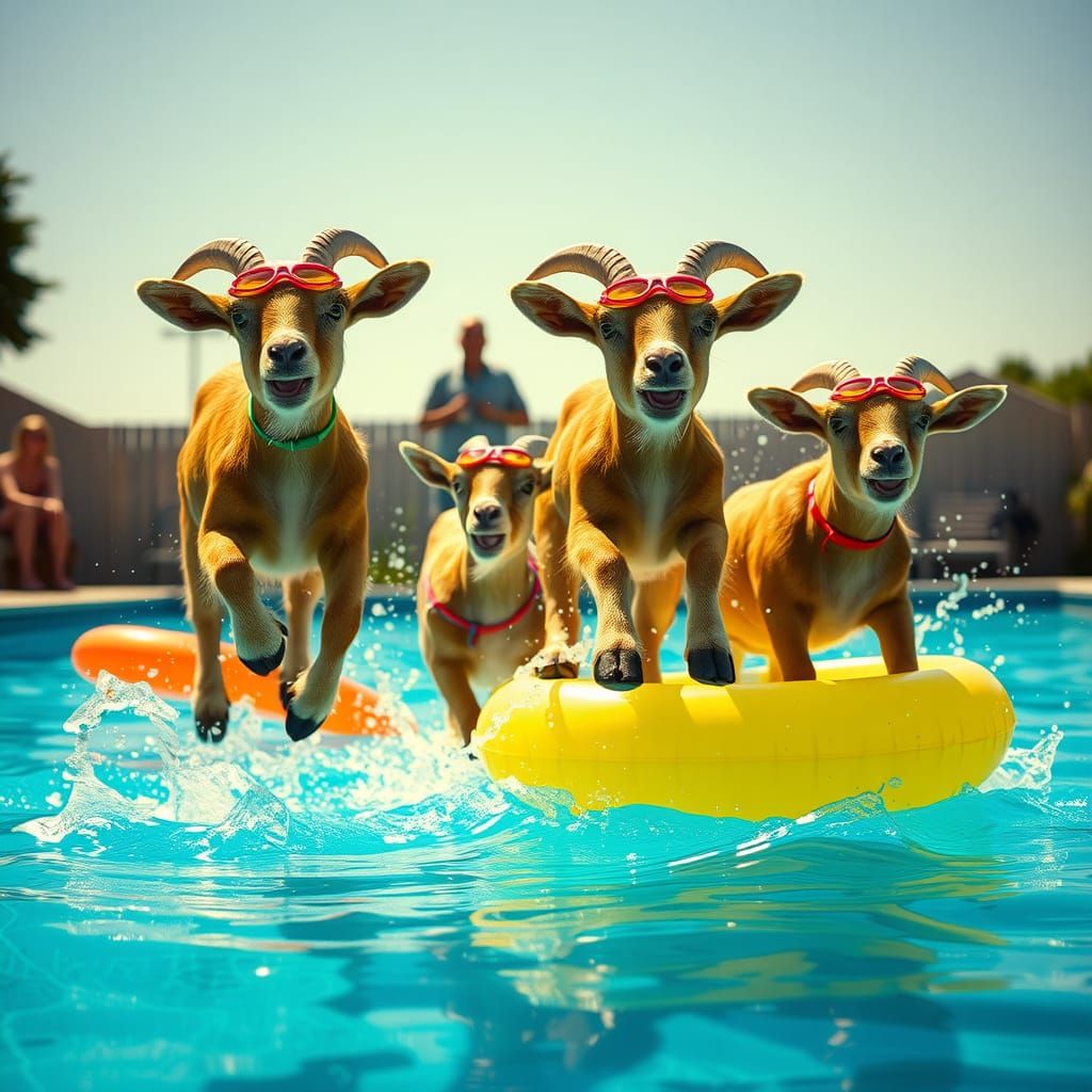 Goats' Pool Party: A Summer Day in Cinematic Style
