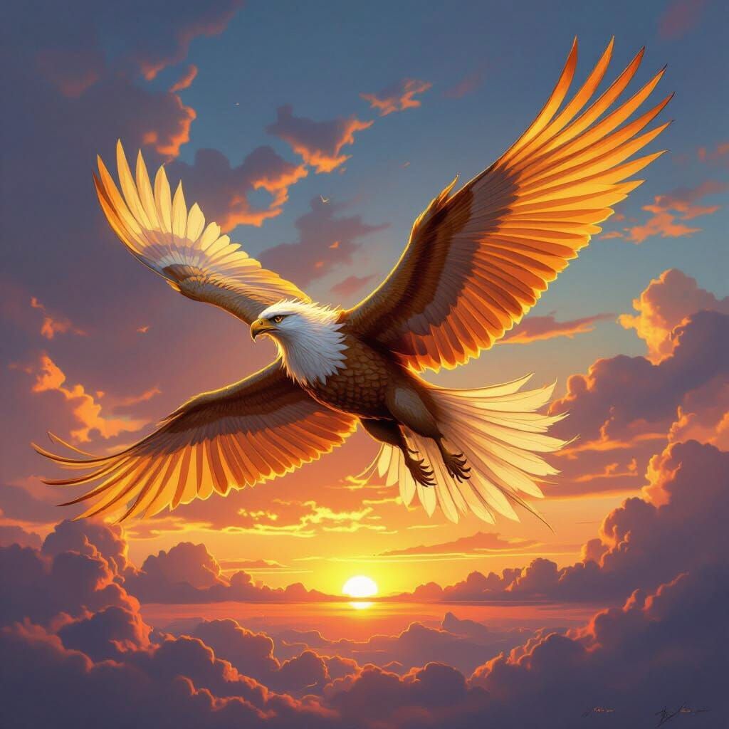 Griffin Soaring at Sunset in Realistic Fantasy Style