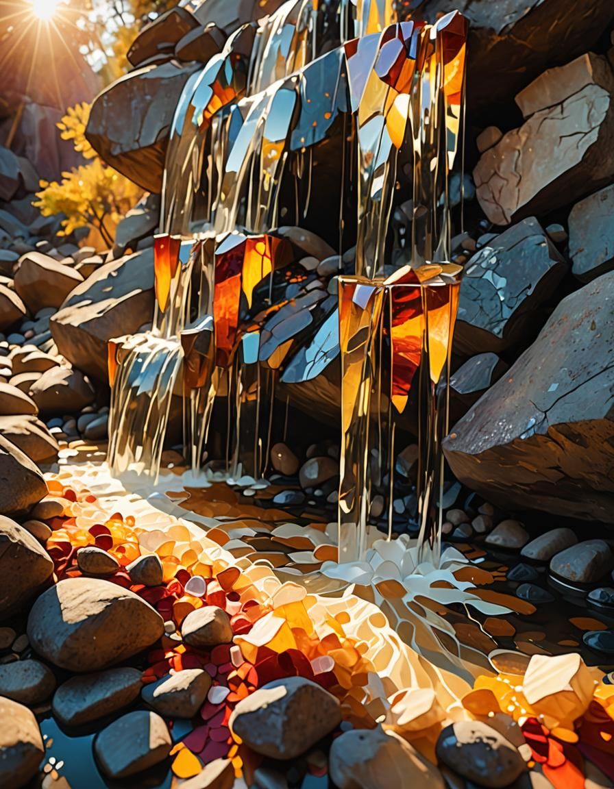 Glass Waterfall Bathed in Sunlight: Stylized Digital Art