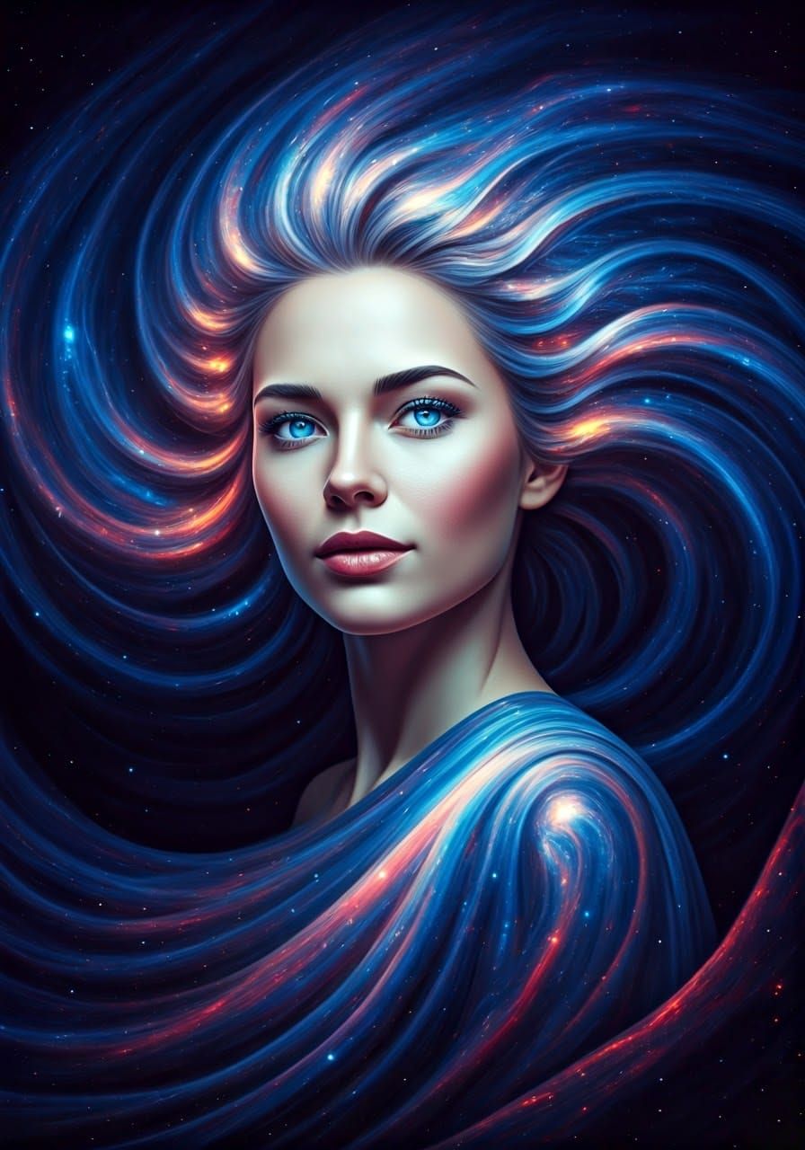 Ethereal Cosmic Goddess with Galaxy Hair and Nebula Gown