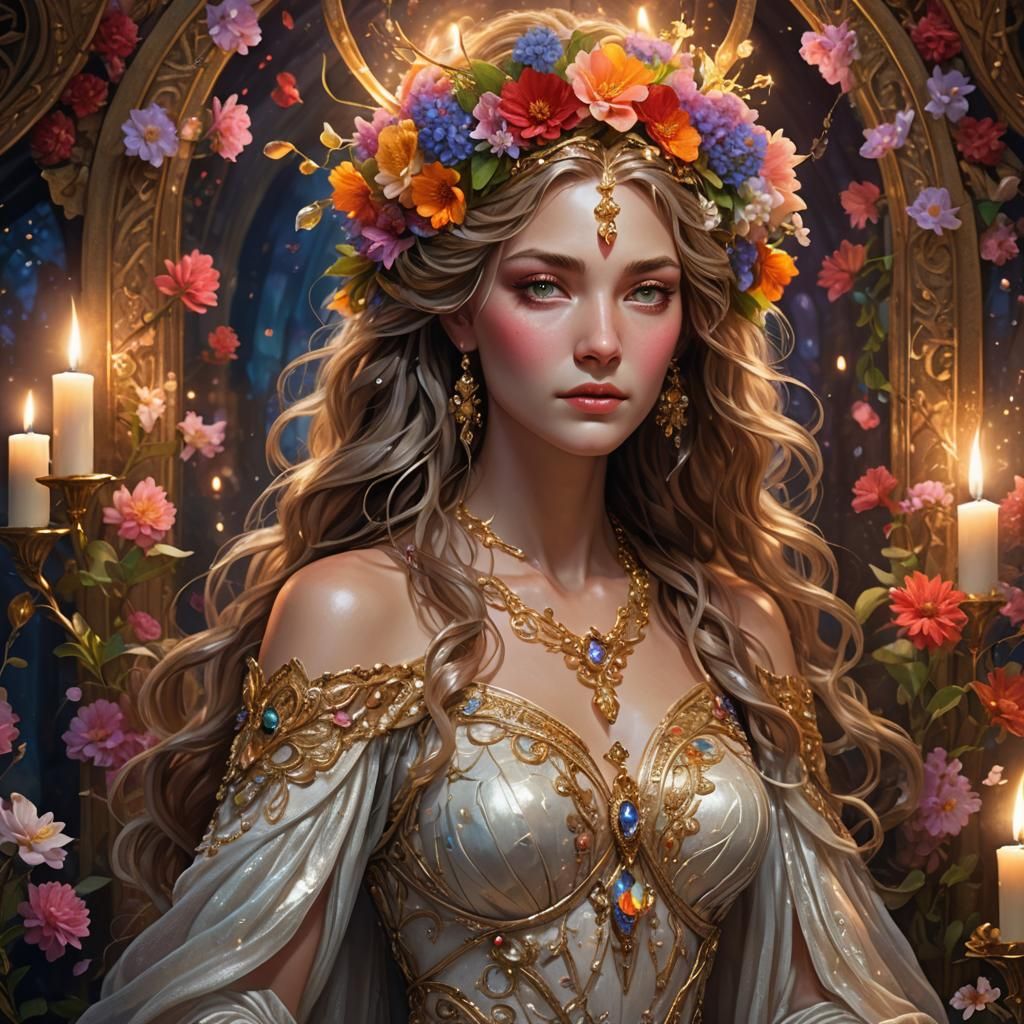 Goddess of Love Portrait with Flowers and Glowing Candles