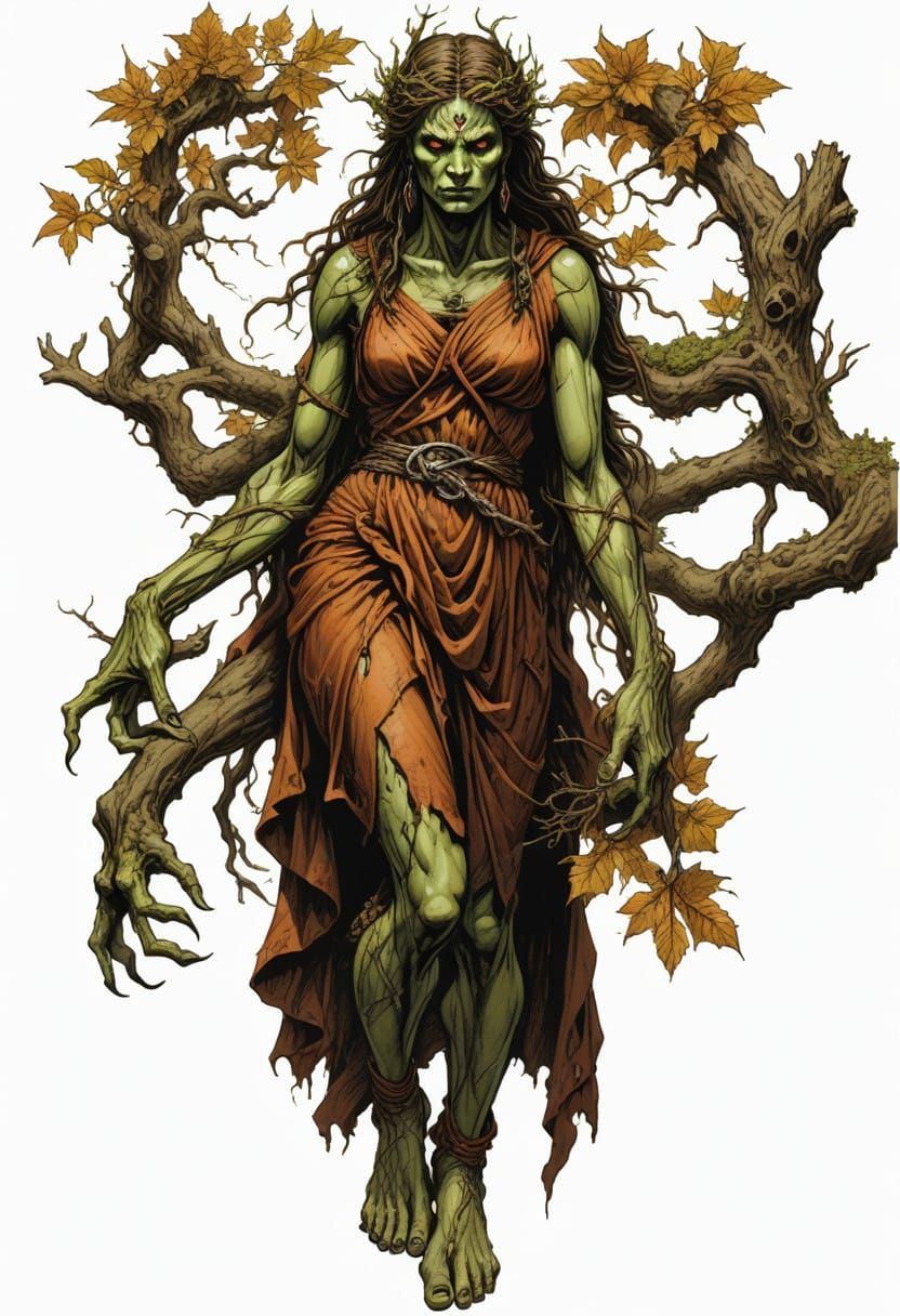 Surreal Dryad Emerges from Ancient Greek Tree in Darkly Deta...