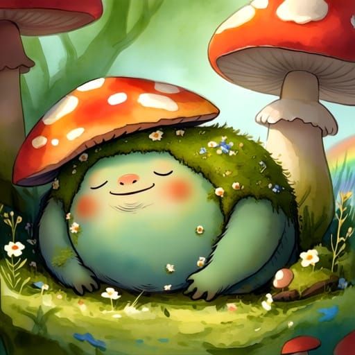 Mossmirth Creature Naps Under Rainbow Mushroom Canopy