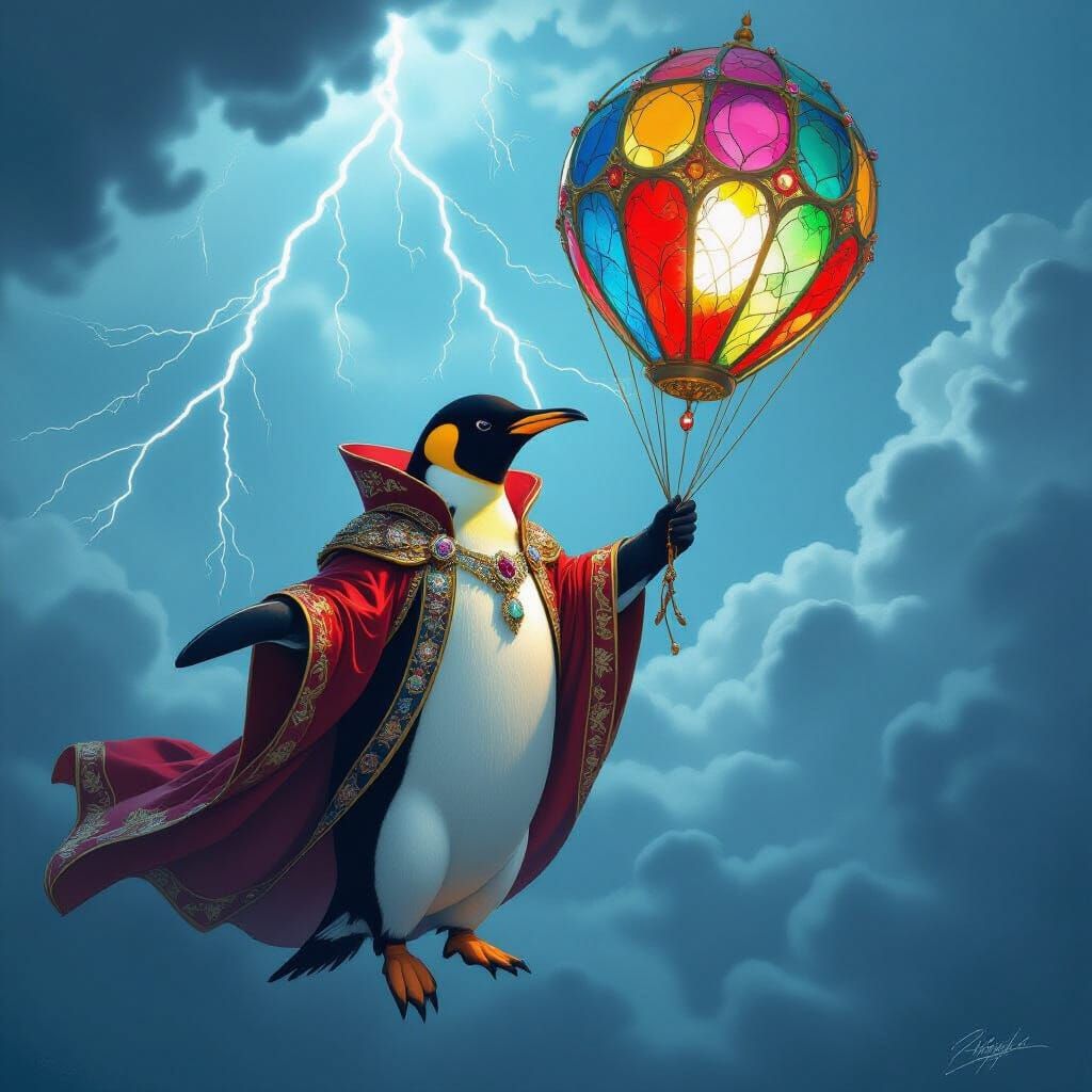 Regal Penguin in Royal Robes with Balloon