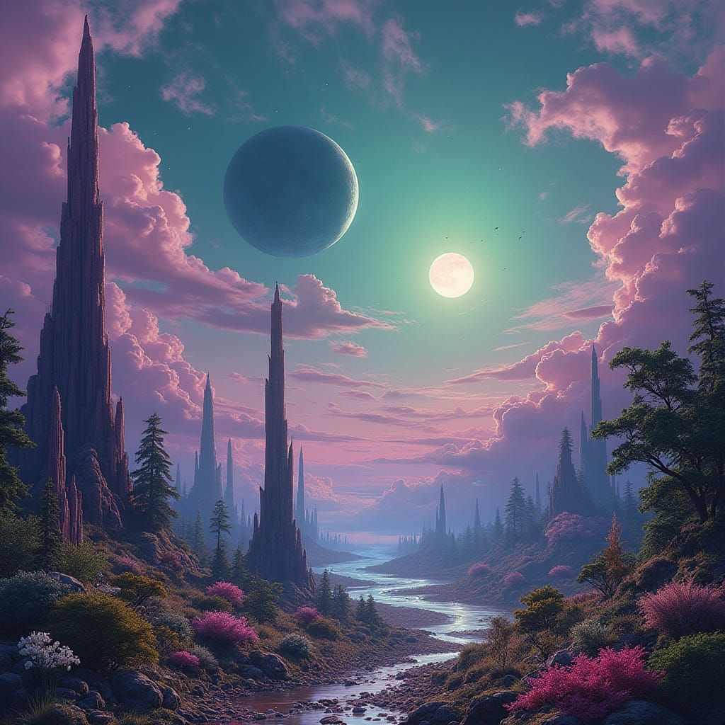 Surreal Exoplanet Landscape with Bioluminescent Forest and C...