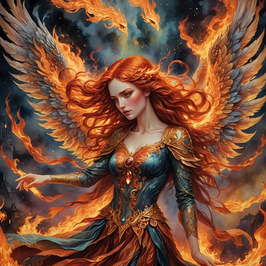 Ethereal Fire Redhead Girl in Fiery Landscape