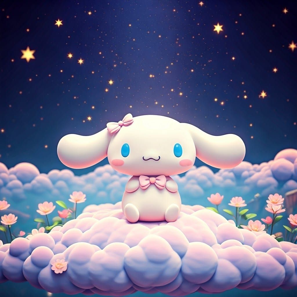 Cinnamoroll in Whimsical Pastel Landscape, Fantasy Art