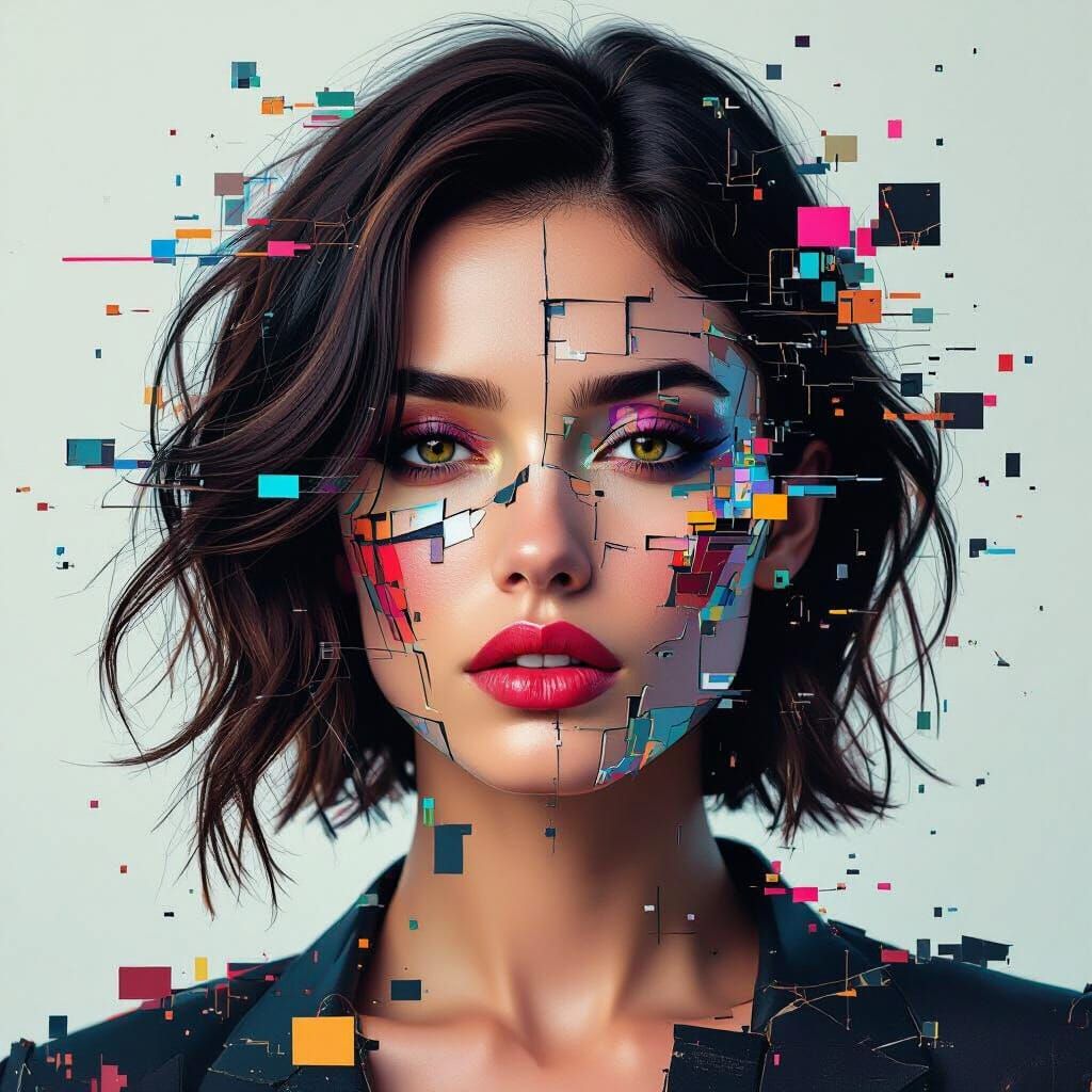 Distorted Fragmented Portrait in Glitch Art Style