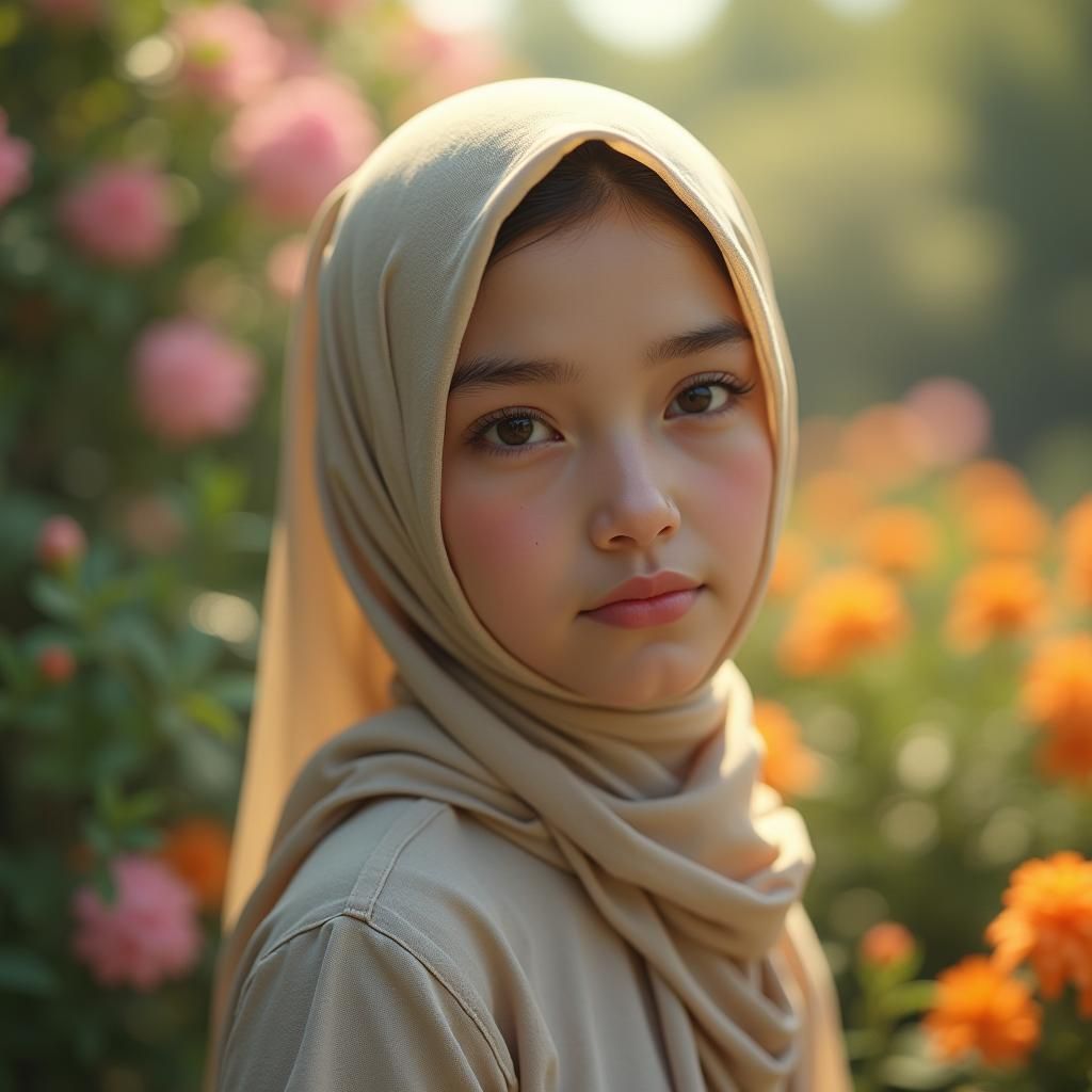 Serene Malay Girl in Garden: Cinematic Portrait