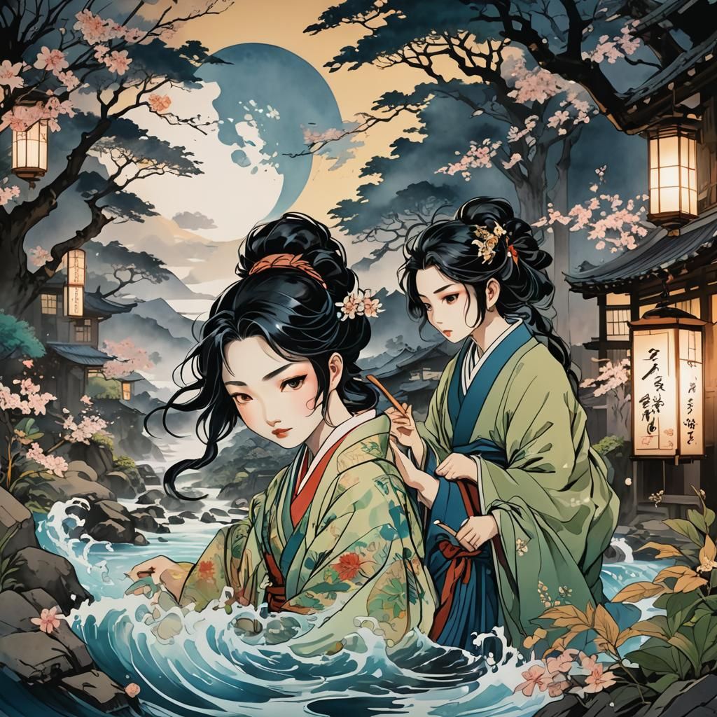 Ukiyo-e Watercolor Comic Illustration at Dawn