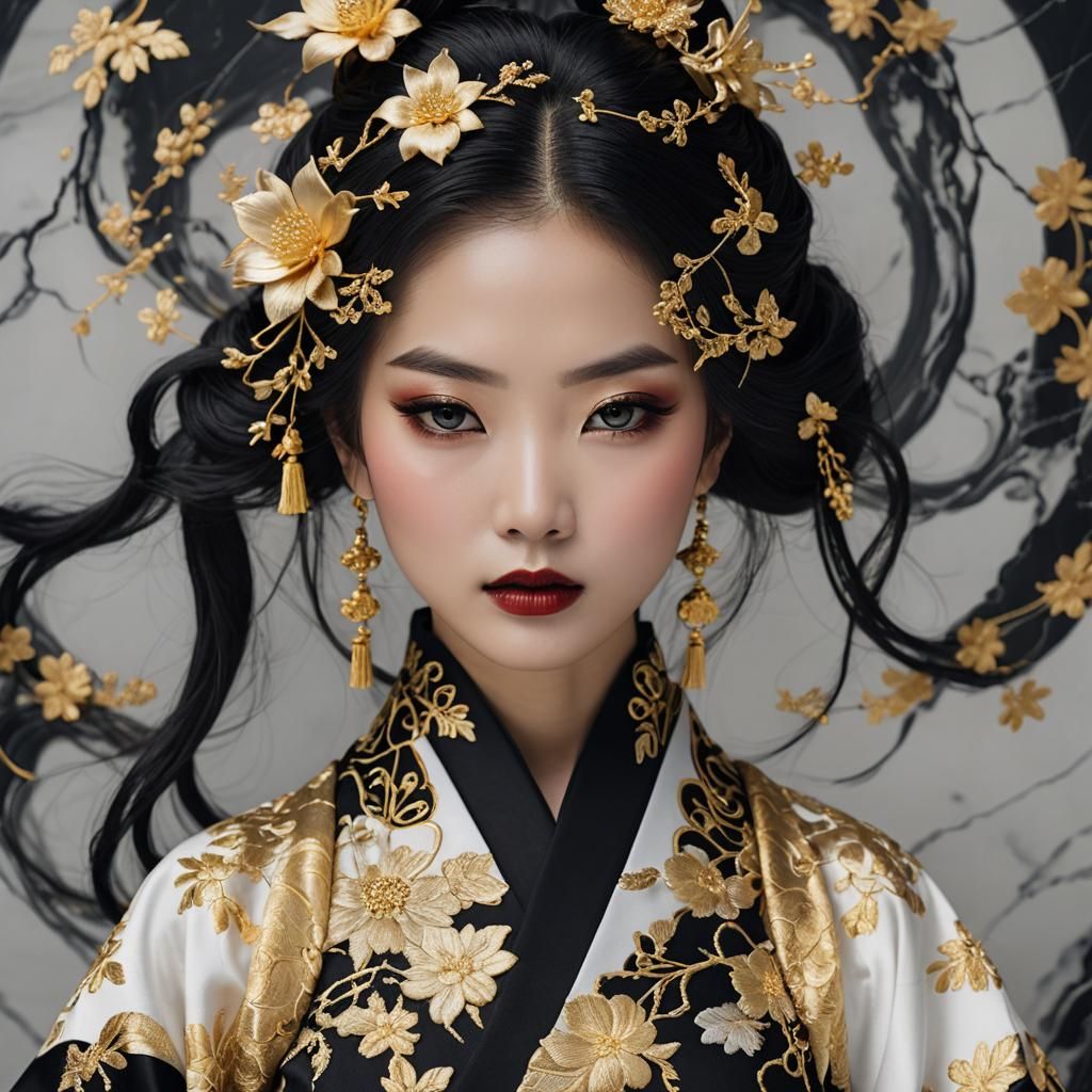 Marble-Faced Asian Woman in Kimono