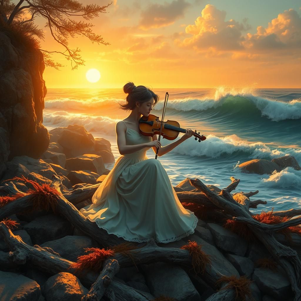 Sunset Violin Serenade on Rocky Coast