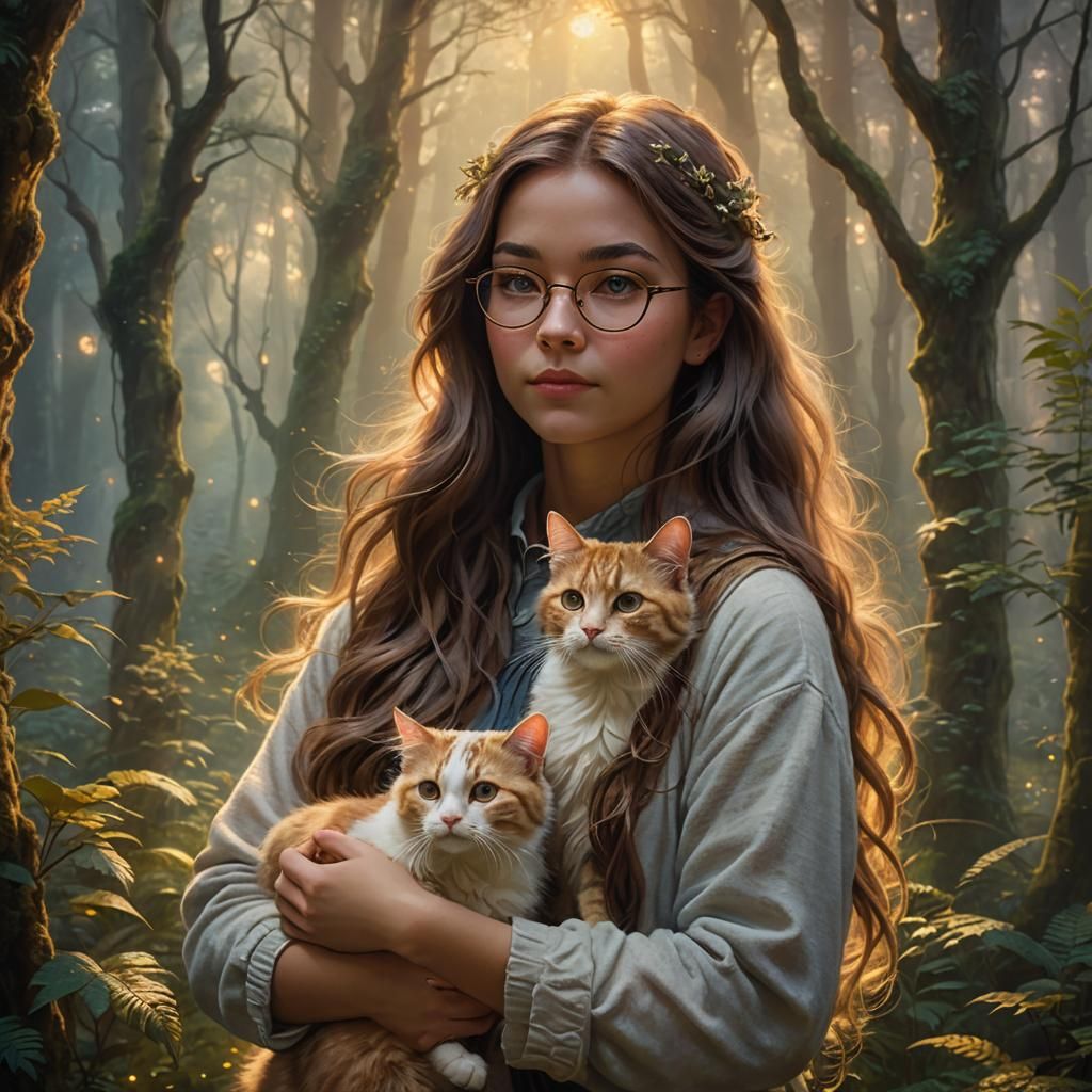 Girl with Cat in Mystical Forest, Romantic Realism