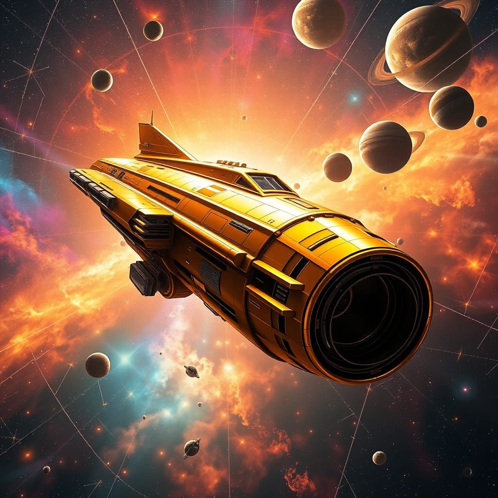 Golden Spaceship Arrives at Vibrant Constellation