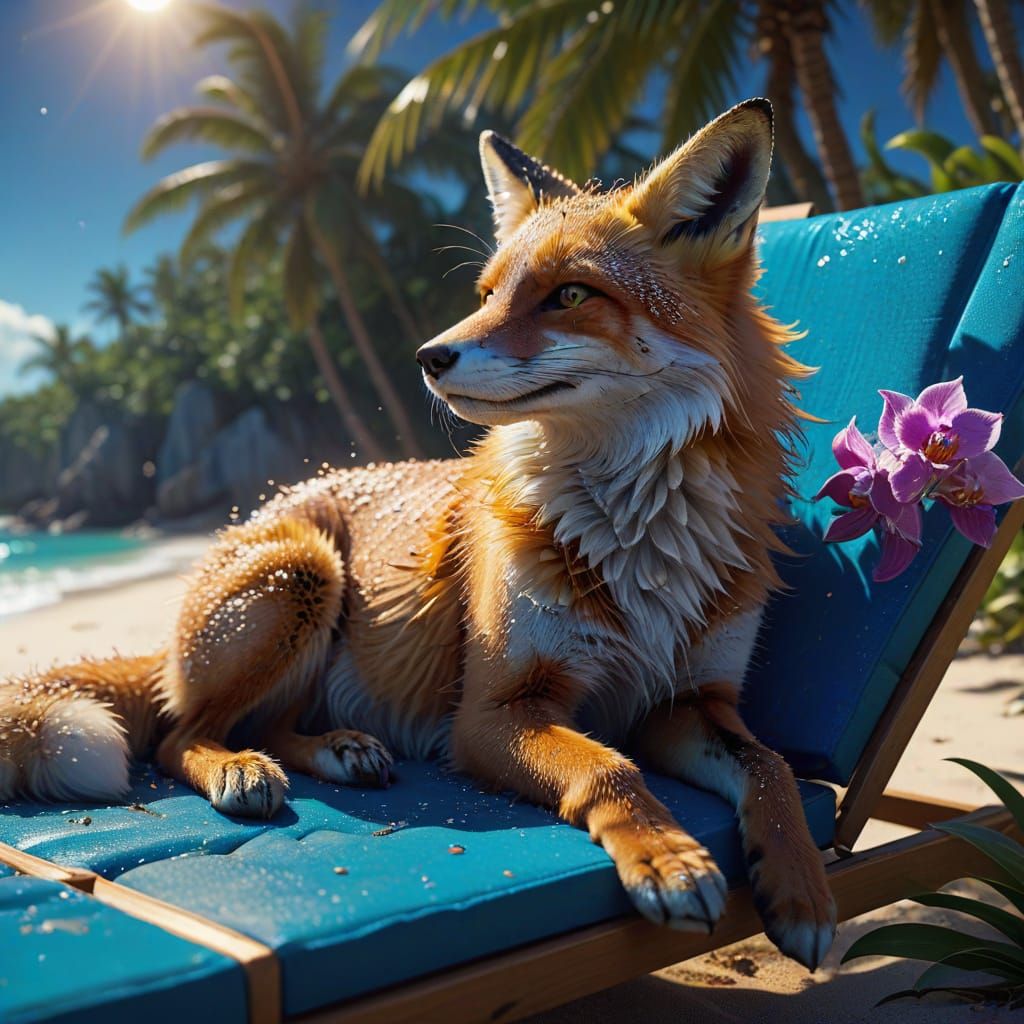 Relaxed Fox on Tropical Beach at Sunset