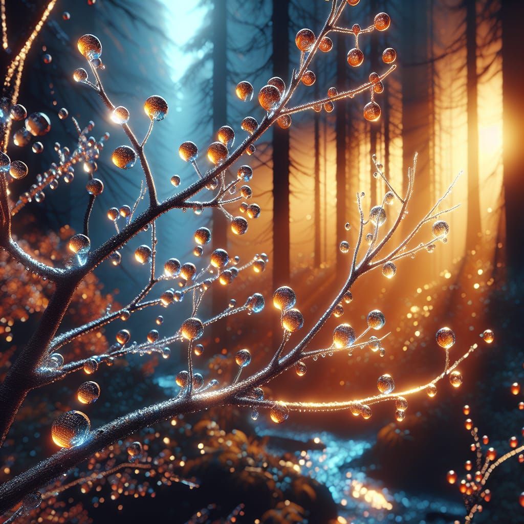 Opalescent Raindrops on Winter Branch in 3D