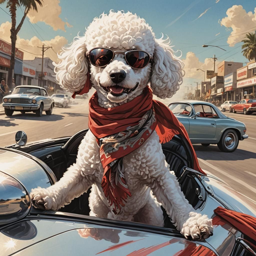 Poodle in Sportscar: Comic Book Action Shot
