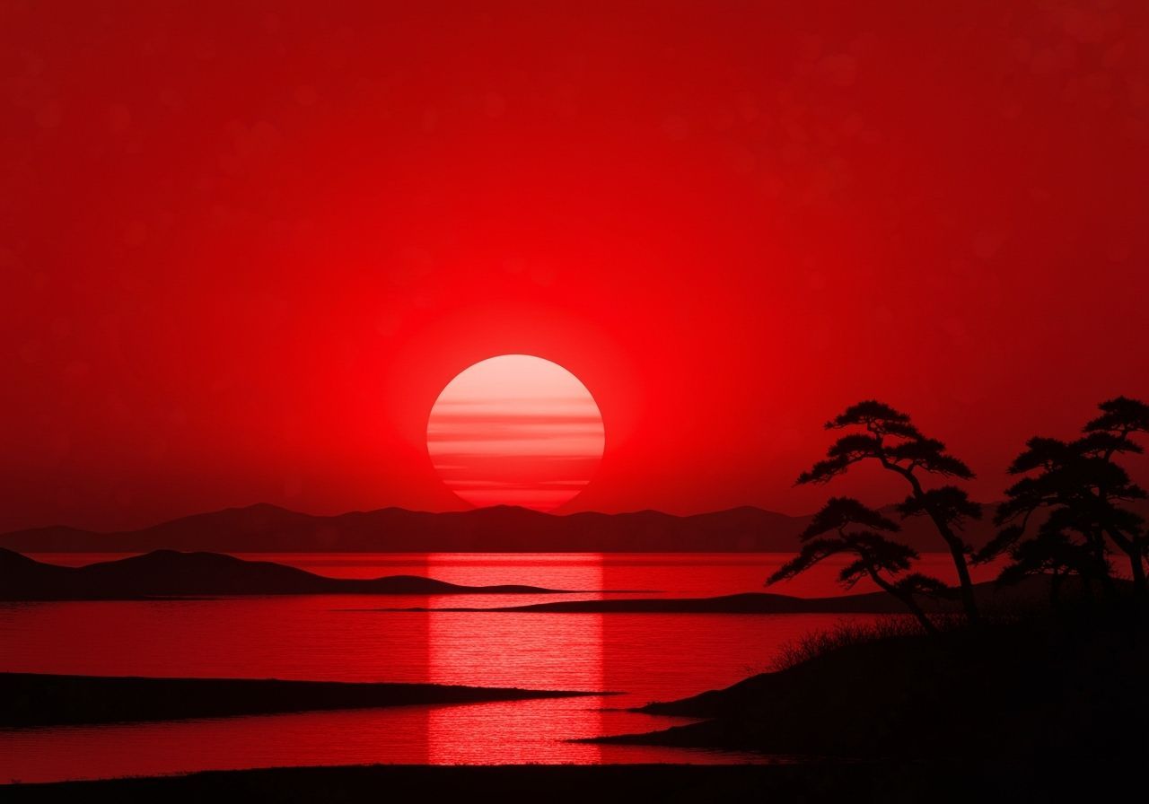 Fiery Red Japanese Sunset in Ukiyo-e Style