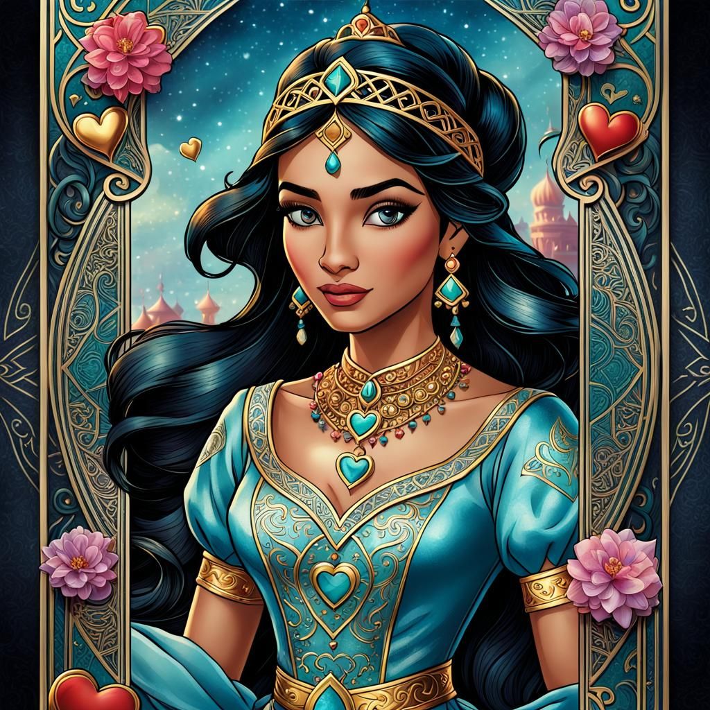 Princess Jasmine Tarot Card with Hearts Pattern