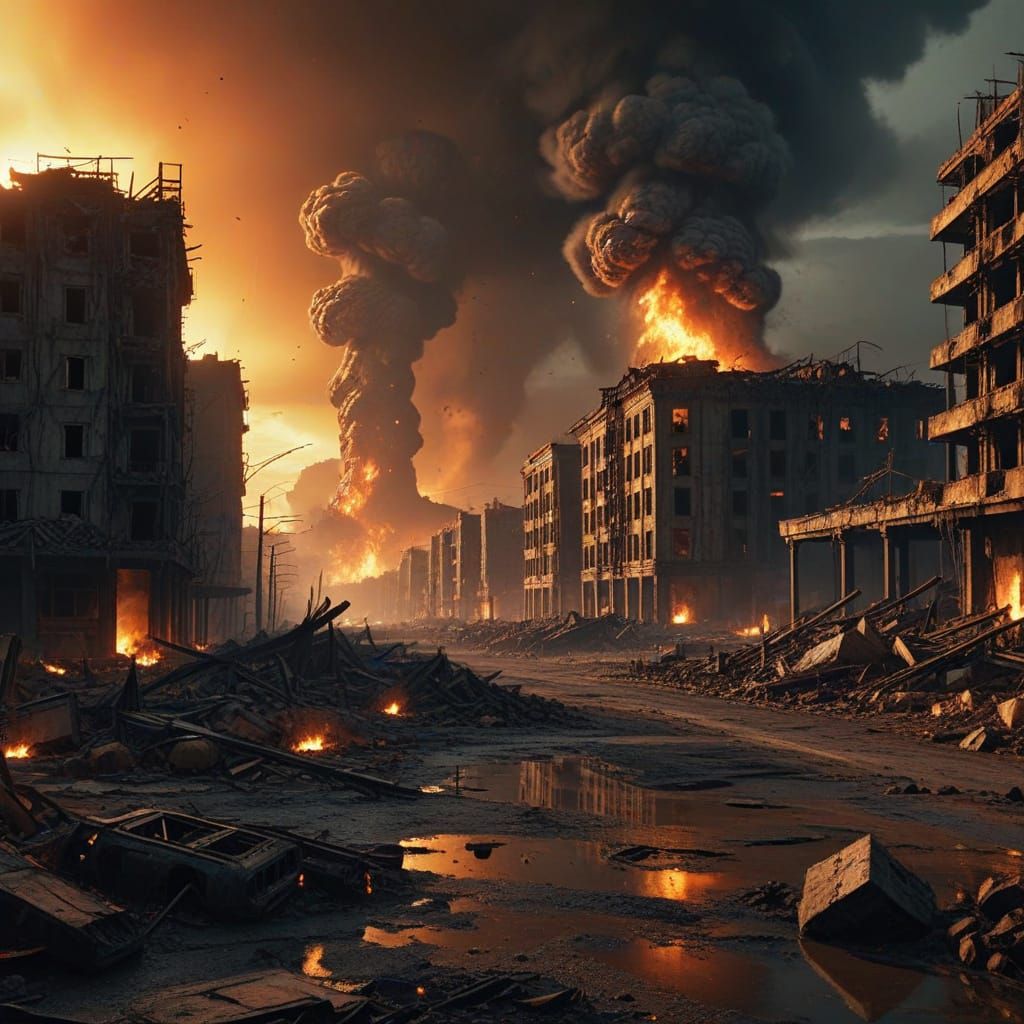 Apocalyptic Cityscape in Ruins: A Cinematic Still