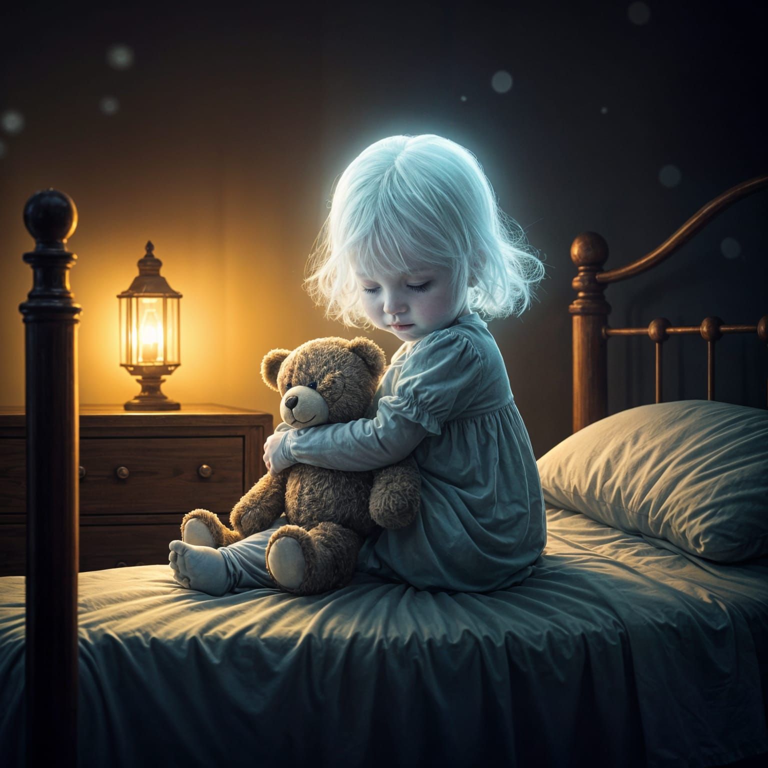 Ghostly Toddler and Teddy Bear in Dim Bedroom