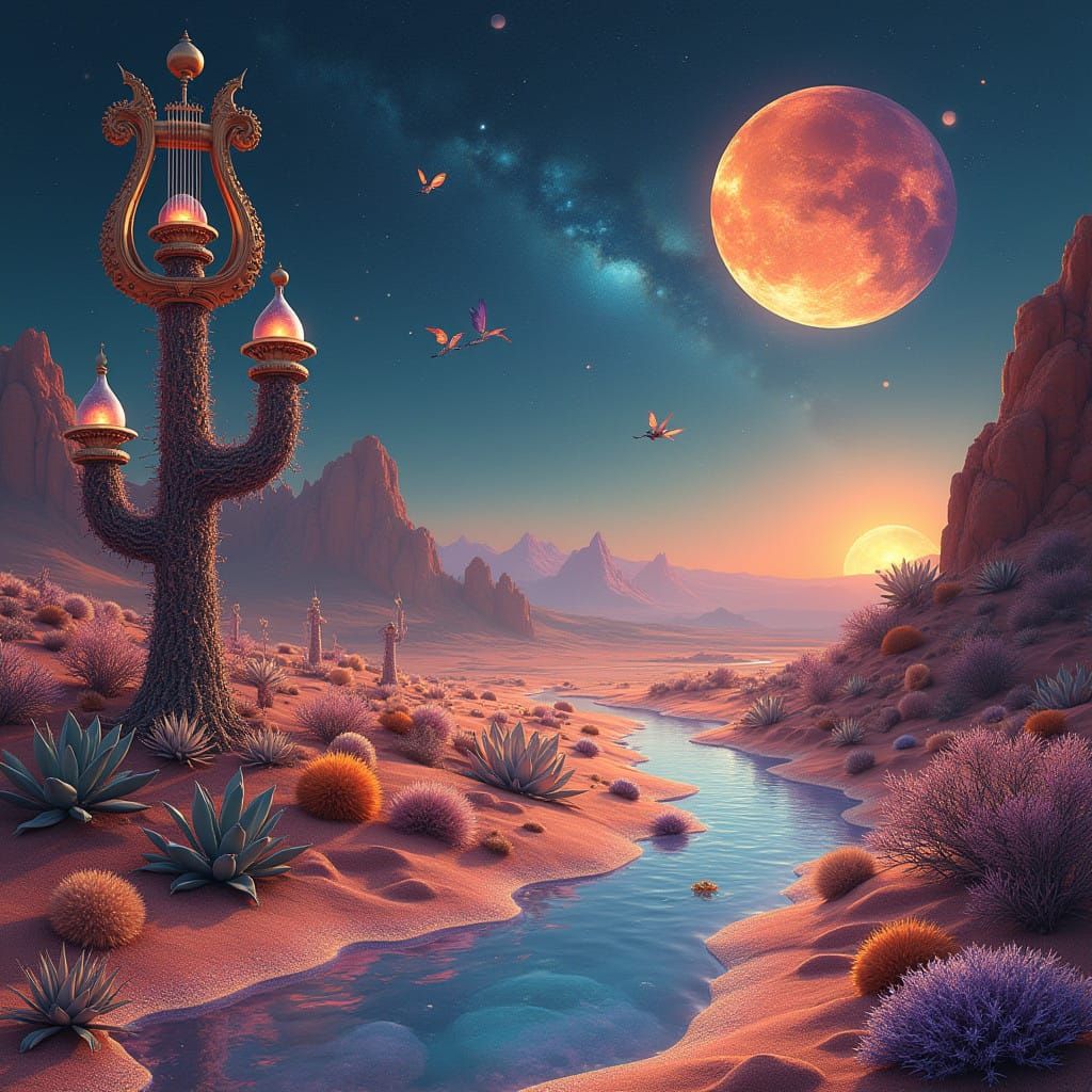 Surreal Dreamscape with Glittering Sand and Crystal Orbs