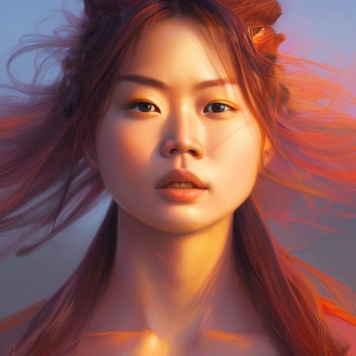 Beautiful Chinese Warrior Woman Portrait at Sunset