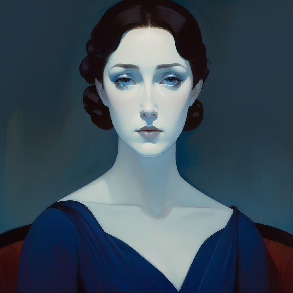 Melancholic Woman in Blue: Eerie Portrait