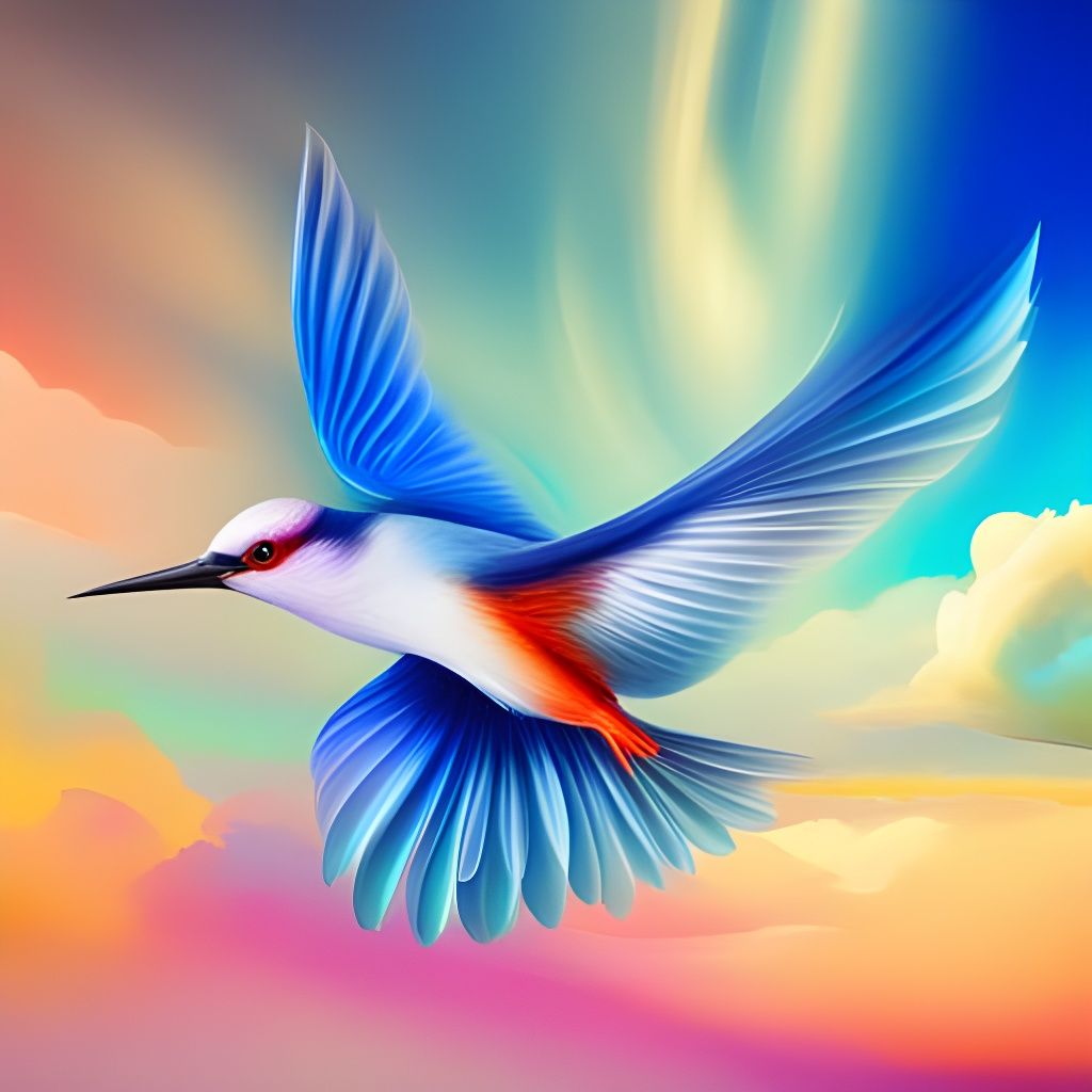 Iridescent Bird Flight in Colorful Impasto Sky