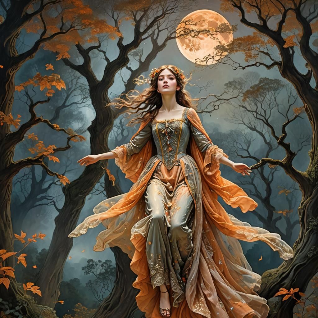 Ethereal Woman Levitating in Mystical Forest, Baroque Art