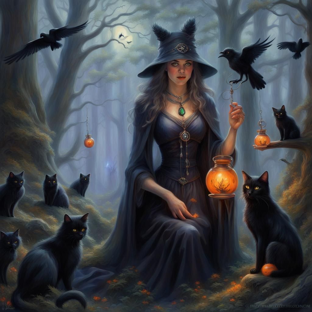 Forest Witch Communing with Spirits in Hyperdetailed Fantasy