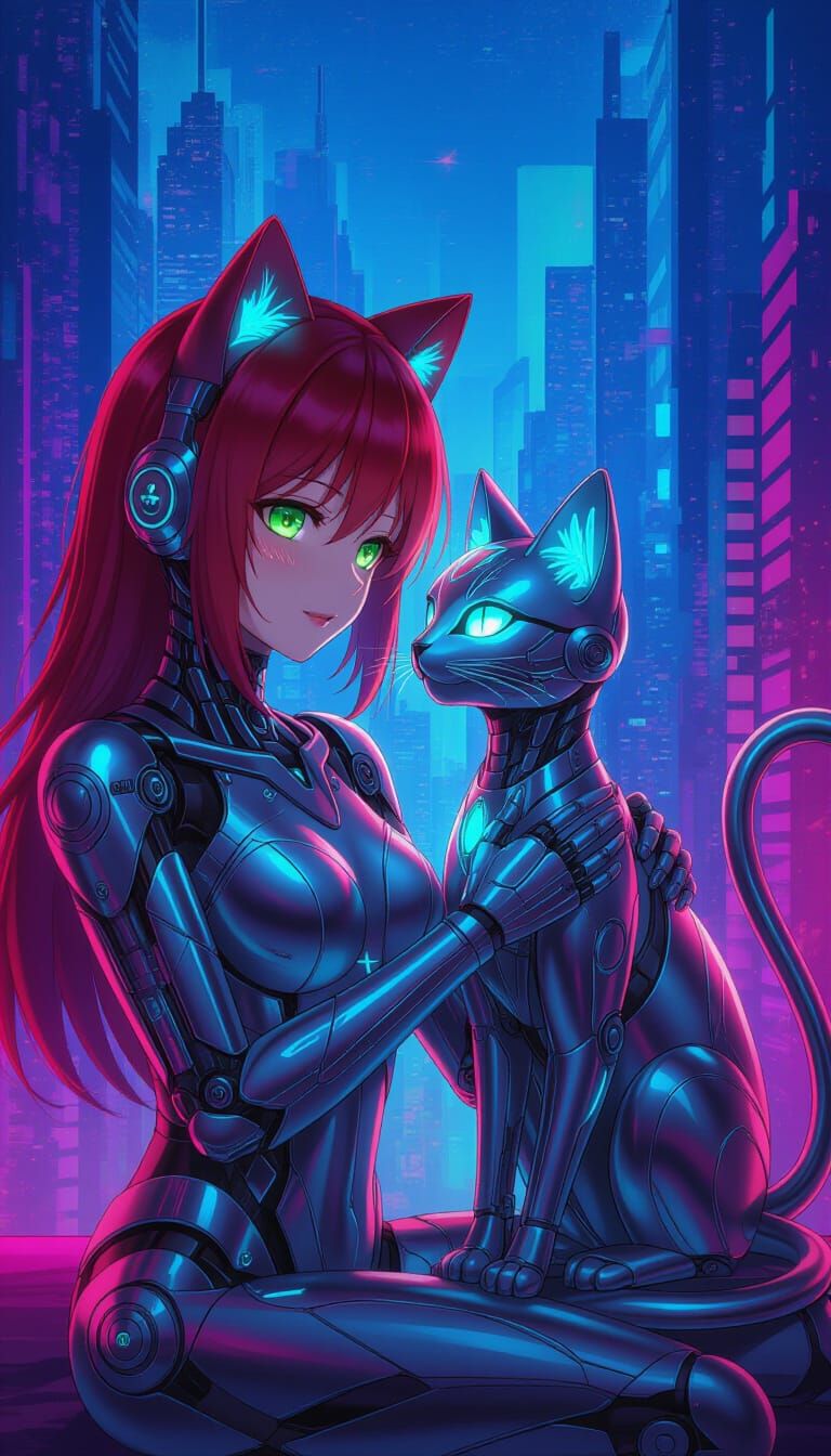 Cyborg Girl and Holographic Cat in Neon Cityscape
