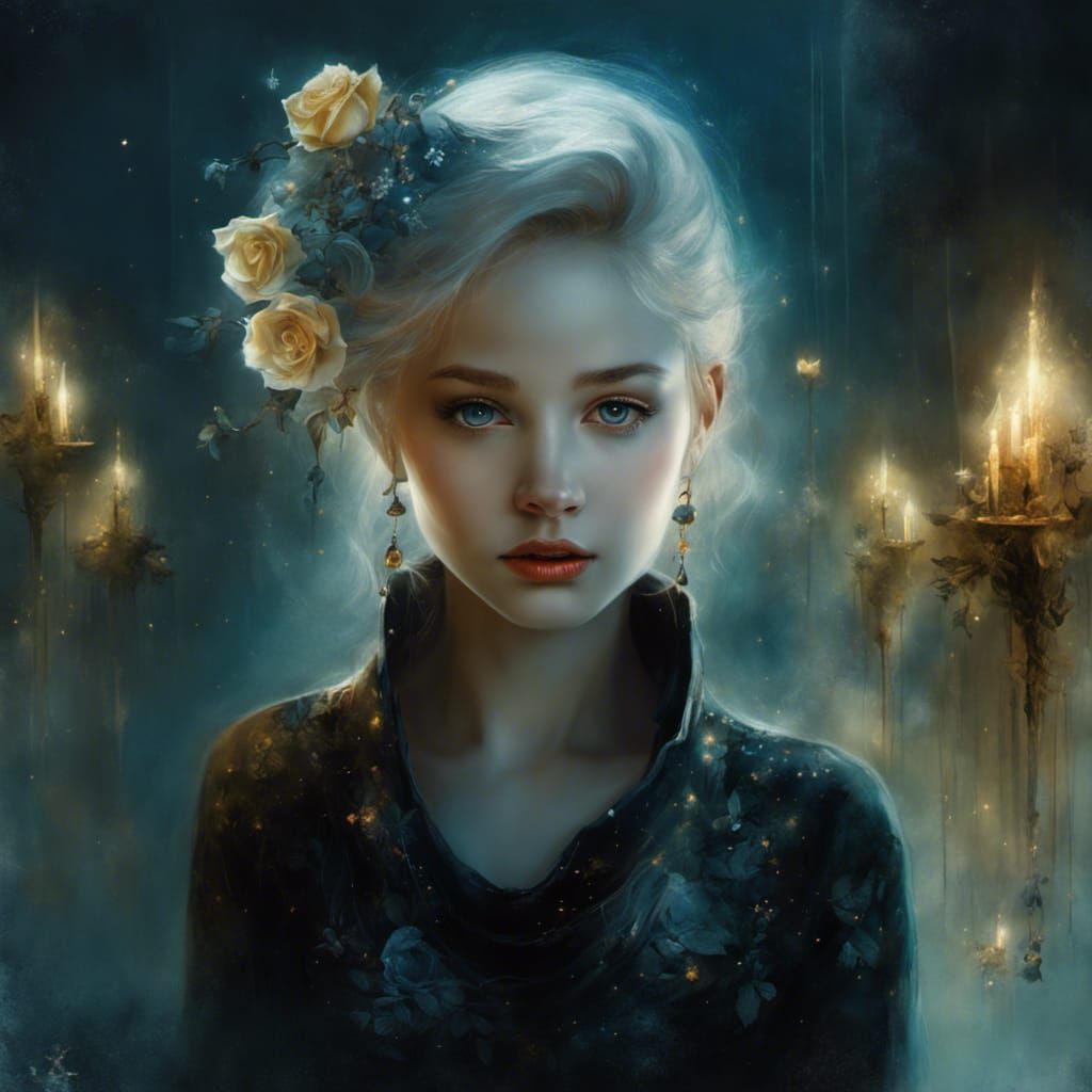 Girl with Golden Rose in Moonlit Garden
