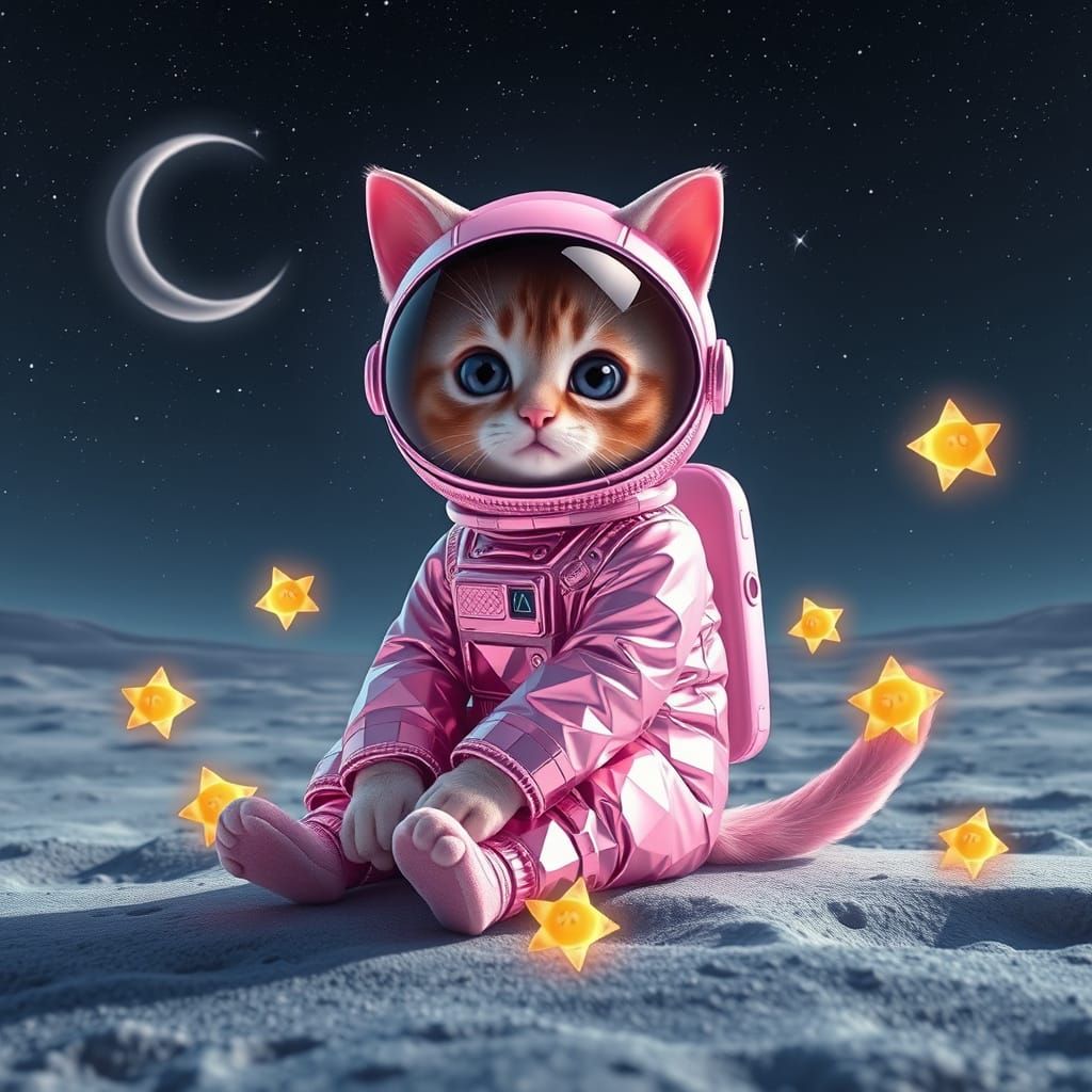 Glamorous Cat Astronaut Shines on Moon's Surface