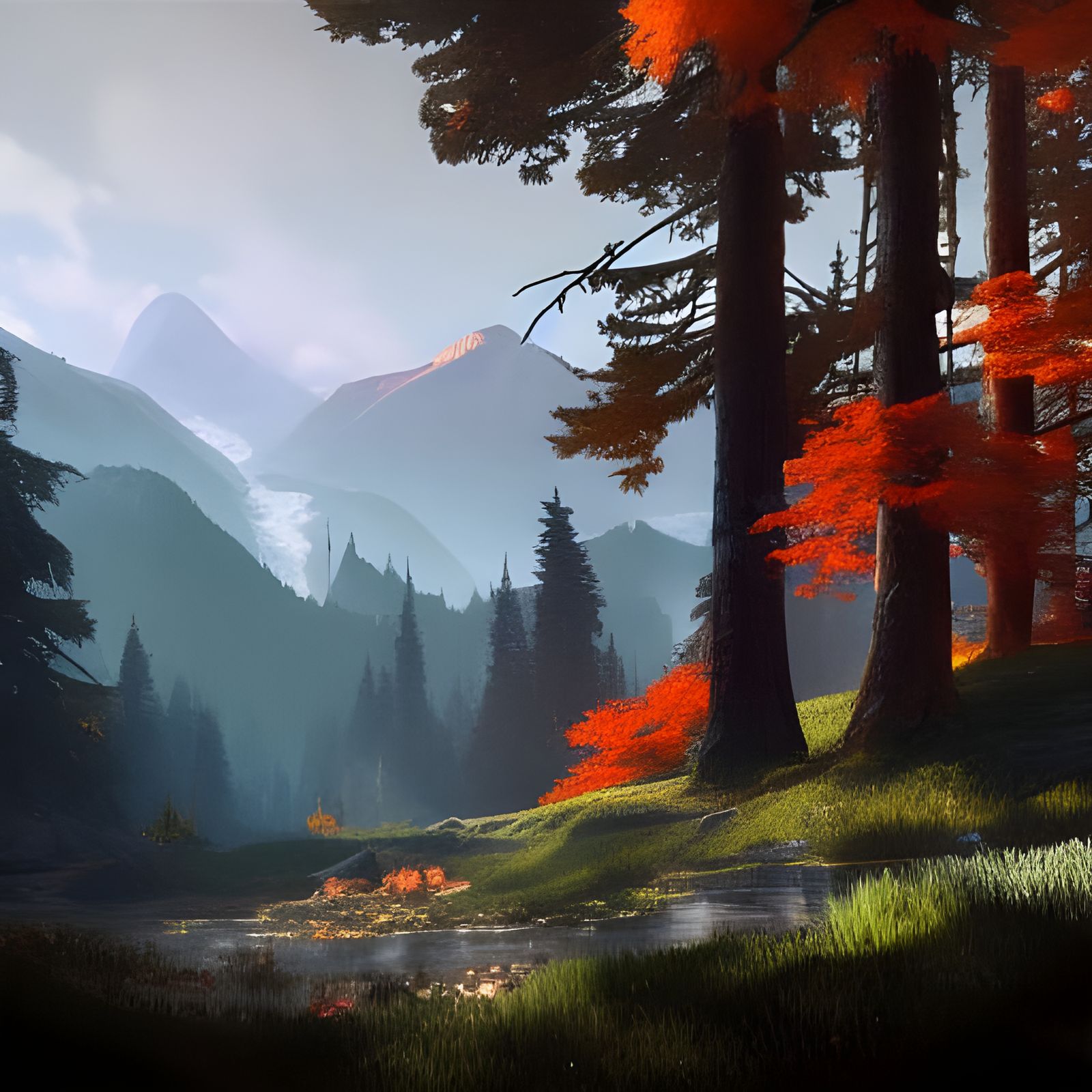 Conifer Forest and Mountains in Volumetric Lighting