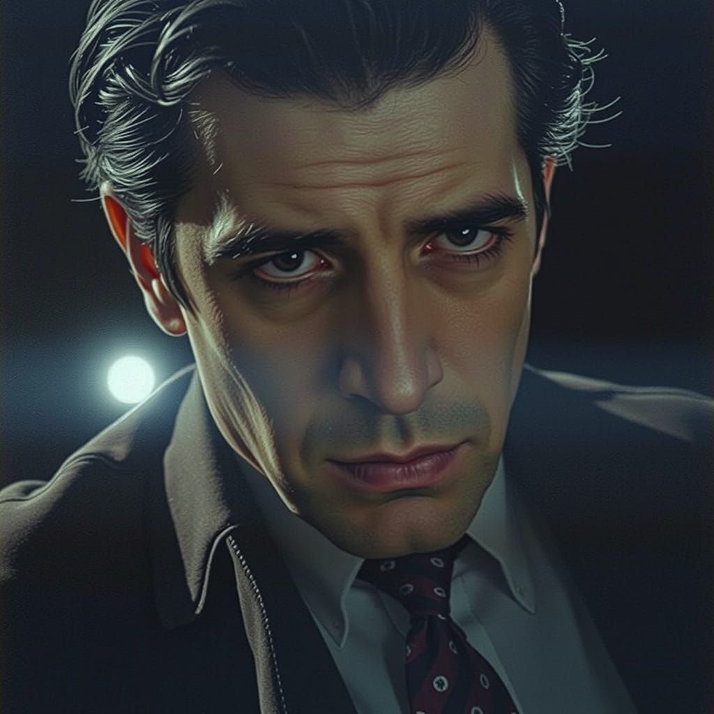 A photograph of a sinister man with slightly glowing evil ey...