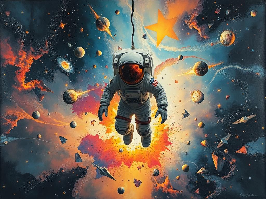 Astronaut in Shattering Cosmos: A Surreal Mixed Media Vision