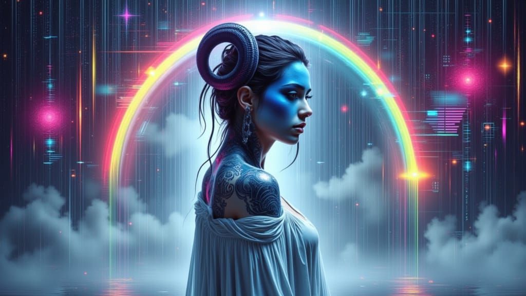 Glitched Mystical Woman in Cosmic Rainbow