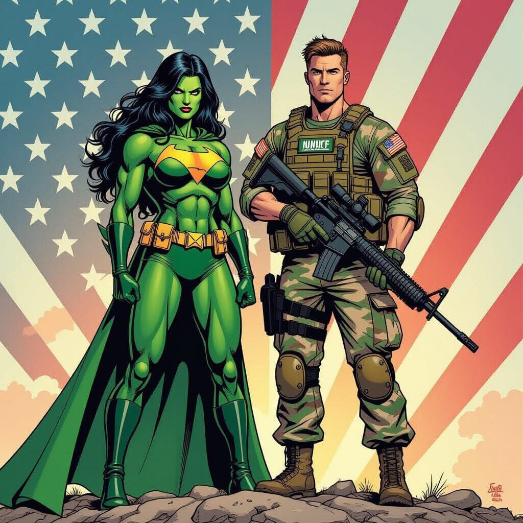 She Hulk and Soldier in Comic Book Style