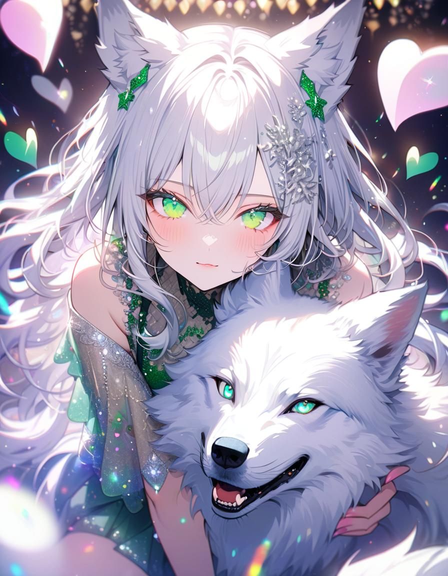 Anime Girl with Wolf Ears and Glittery Eyes
